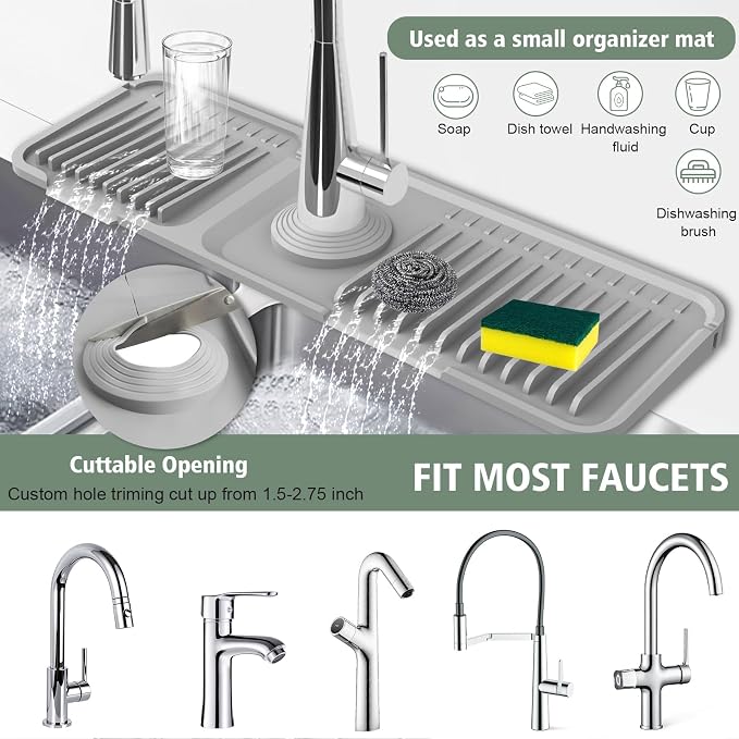 17.7-Inch Kitchen Sink Splash Guard Mat | 7° Slope for Fast Self-Draining | Snap-Lock Design | Universal & Cuttable Silicone Faucet Mat Gray - Image 6