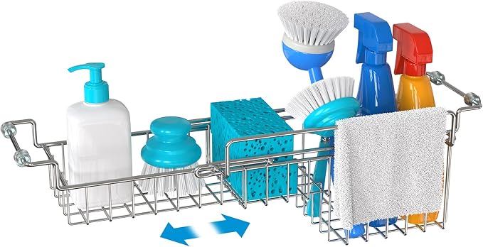 Dish Stands, Over The Kitchen Sink Caddy Sponge Holder Organizer Drying Rack Expandable for Sponge Brush Soap Dish Cloth Rag Smaller 12.25" to 17.25", Stainless Steel by FavoThings
