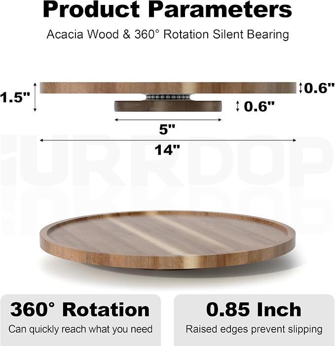 14 inch Wooden Lazy Susan Turntable, Acacia Wood Spinning Organizer for Dining Table, Cabinet, Fridge, countertop, Pantry - Image 4
