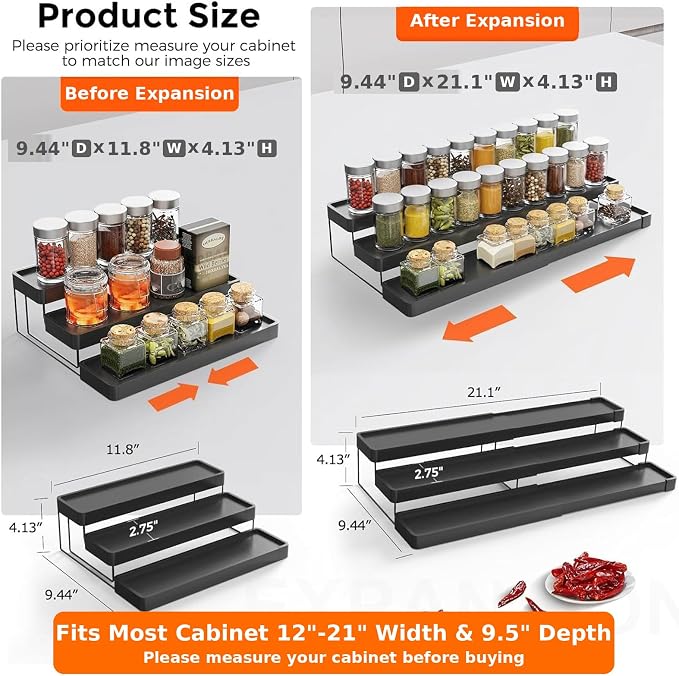 Expandable Spice Rack Organizer - 3 Tier Adjustable Spice Organizer for Cabinet & Countertop - Easy Visibility - Black - Image 2