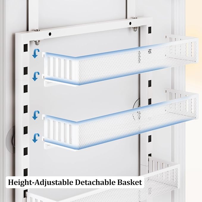 8-Tier Over the Door Pantry Organizer with Adjustable Baskets | Over the Door Spice Rack, Wall-Mounted or Hanging Shelves for Kitchen, Laundry Room, Bathroom(White,15.35"W x 5.2"D x 72.6"H) - Image 4