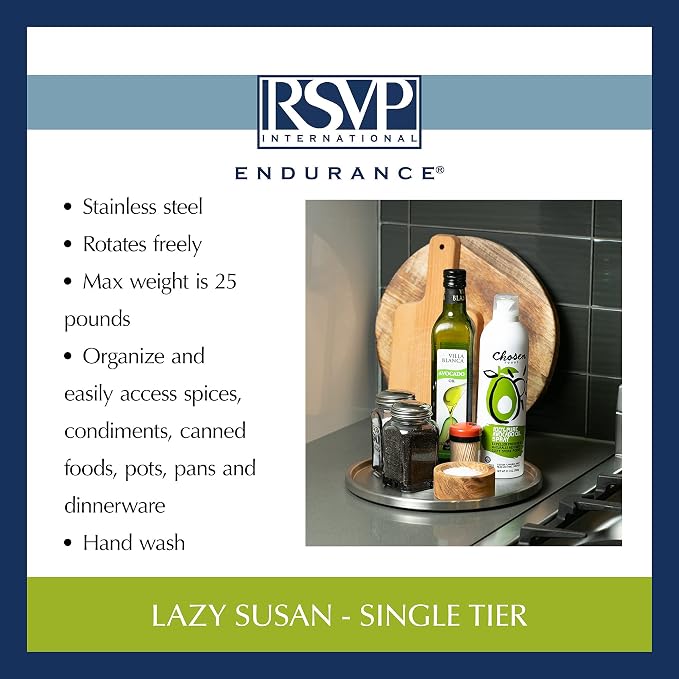 RSVP International Endurance TURN-1 Turntable Lazy Susan, Stainless Steel, 10.5" | Handy in Cabinet, Refrigerator or on Counters | Organize Spices, Canned Foods, Pots, Pans, Dinnerware, 10.5 Inch - Image 8