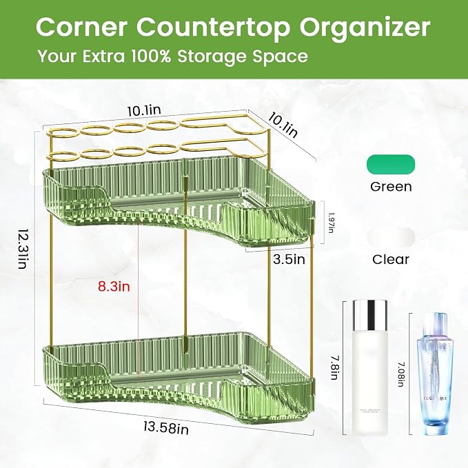 Makeup Organizer 2-Tier Bathroom Counter Organizer with Makeup Brush Holder | Corner Bathroom Organizer Countertop, Acrylic Counter Storage for Bathroom Dresser, Skincare Perfume Organizer- Green - Image 3