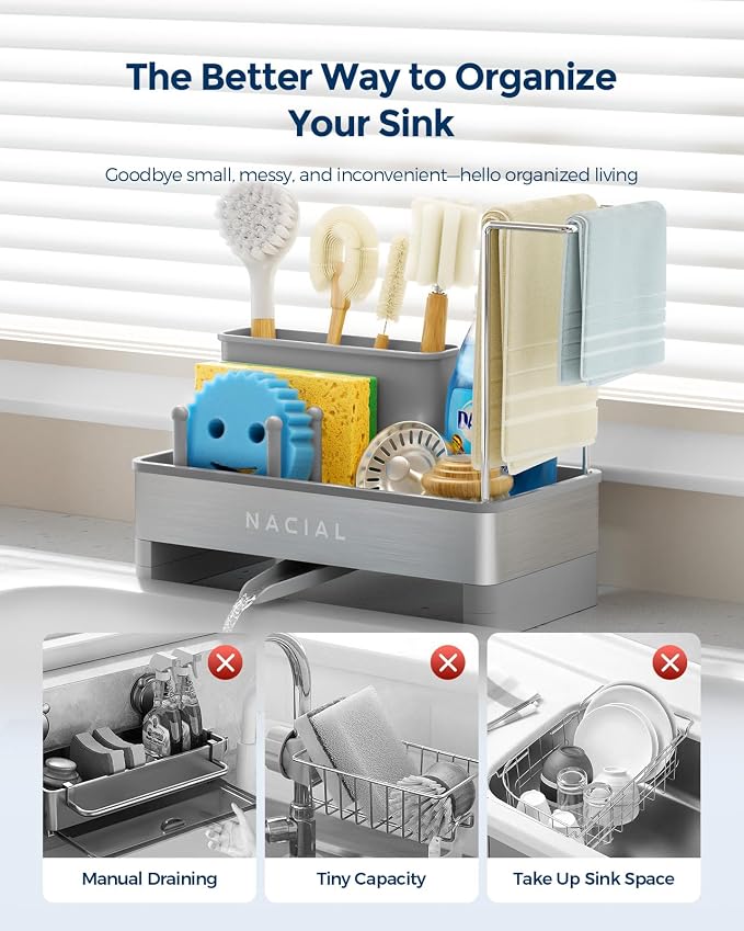 Nacial Kitchen Sink Organizer, Sink Caddy with Sponge & Tall Brush Holder | 304 Stainless Steel Kitchen Countertop Organizer with Double-Bar Towel Holder, Stores Sponge, Brush, Towel & Sink Essentials - Image 6