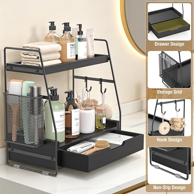 2-Tier Bathroom Counter Organizer with Drawer, Wood Counter Storage Shelf | Bathroom Vanity Organizer Countertop for Makeup, Skincare, Perfume, with Removable Basket, 13.4" x 7.9" x 14.5", Black - Image 3