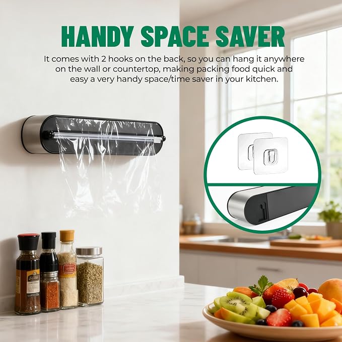 Stainless Steel & Plastic Wrap Dispenser with Cutter, Magnetic No-Drill Wall Mount Aluminum Foil Holder with Slide Cutter, for Cabinets, Space-Saving Kitchen Organizer (Silvery-Stainless Steel) - Image 5