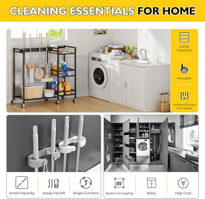 Broom Holder with Cleaning Supplies Organizer, Movable Broom Closet Storage Cabinet with Cleaning Caddy, Cleaning Cart with Mop Rack, Janitorial Housekeeping Cart on Wheels, Laundry Room Organization - Image 7
