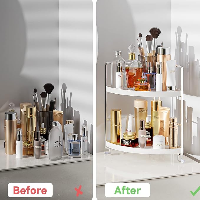 KINGNERWI 2-Tier Bathroom Counter Organizer, Vanity Corner Shelf, Silver | Makeup Skincare Storage Tray, Small Countertop Rack, Stores Cosmetics, Perfume, Seasoning, Fits Sink and Dresser - Image 4