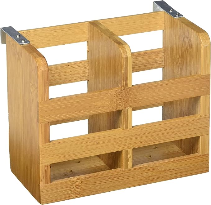 Lipper International 8823 Bamboo Wood 2-Compartment Flatware Holder with Metal Clips, 6-1/4" x 3-1/4" x 5" by LipperInternational