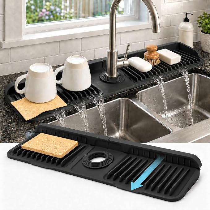 23" Extra Long Silicone Faucet Handle Drip Catcher Tray,7° Sloped Self Draining Mat with Snap-on Design & Soap Holder, Trim-to-Fit Opening,Sink Splash Guard for Kitchen & Bathroom(Black) by Unknown