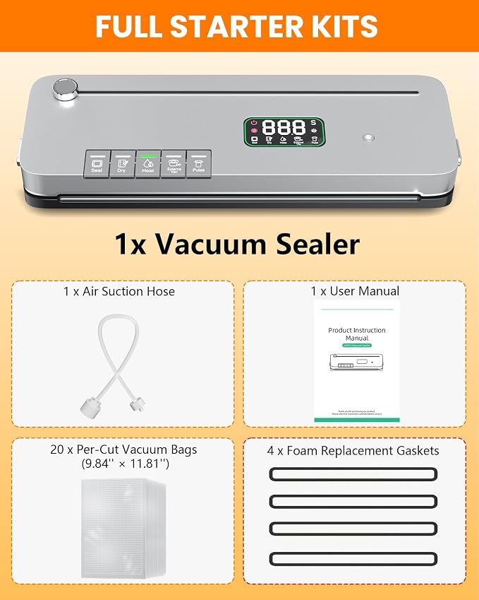 Food Vacuum Sealer Machine 75kPa, Built-in Cutter, Pulse Function, Digital Timer Dry/Moist Modes, External Vacuum for Jars, 20 Bags Included, Compact Design for Meal Prep Sous Vide and Bulk Storage - Image 9