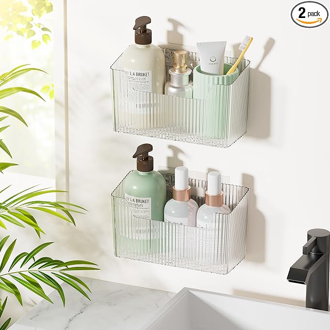 2 Pack Adhesive Storage Cabinet Door Caddy Organizer,Stackable Clear Plastic Storage Organizer Adhesive Hanging Bin for Bathroom, Kitchen,Pantry by Fikinit