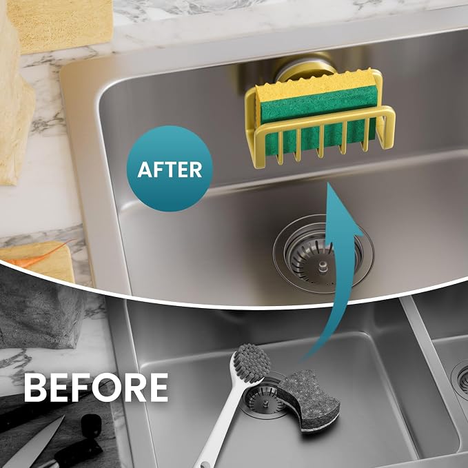 TAILI Rustproof Sponge Holder for Kitchen Sink with Suction Cup-Gold | Rustproof Aluminum Sink Caddy for Sponges, Brushes, Stoppers & Scrapers,Removable Ventilated Quick-dry Design, Holds Up 11lbs - Image 6