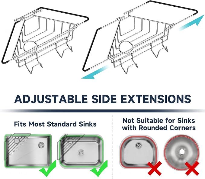 NiHome Sponge Holder for Kitchen Sink, Adjustable Corner Caddy, Silver | Rustproof 304 Stainless Steel Storage with Extendable Arms and Open Drainage for Rapid Drying of Brushes and Soap Bars - Image 2