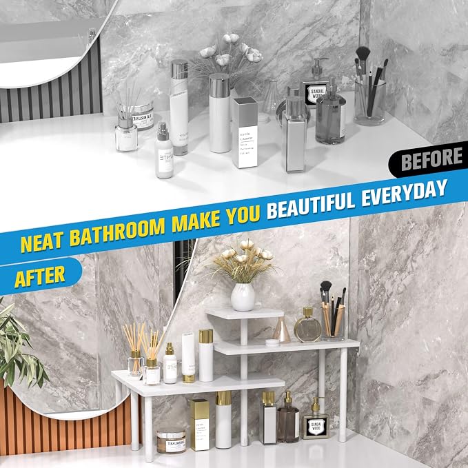 JayRex 3-Tier Bathroom Countertop Corner Shelf Organizer, White | Space-saving corner design organizes spices, skincare and toiletries on kitchen and bathroom counters. - Image 7