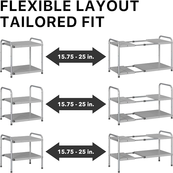 Simple Houseware Under Sink 2-Tier Heavy Duty Expandable Organizer, Silver | Adjustable Width 15.75–25 Inches with 4 Shelf Height Levels - Image 5