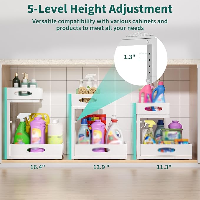 Under Sink Organizer, Extra-Wide Upgrade, 2 Pack 2 Tier Metal Slide Out Cabinet Organizer, Height Adjustable Organization and Storage Series, Bathroom/Cabinet/Kitchen organization, White - Image 3