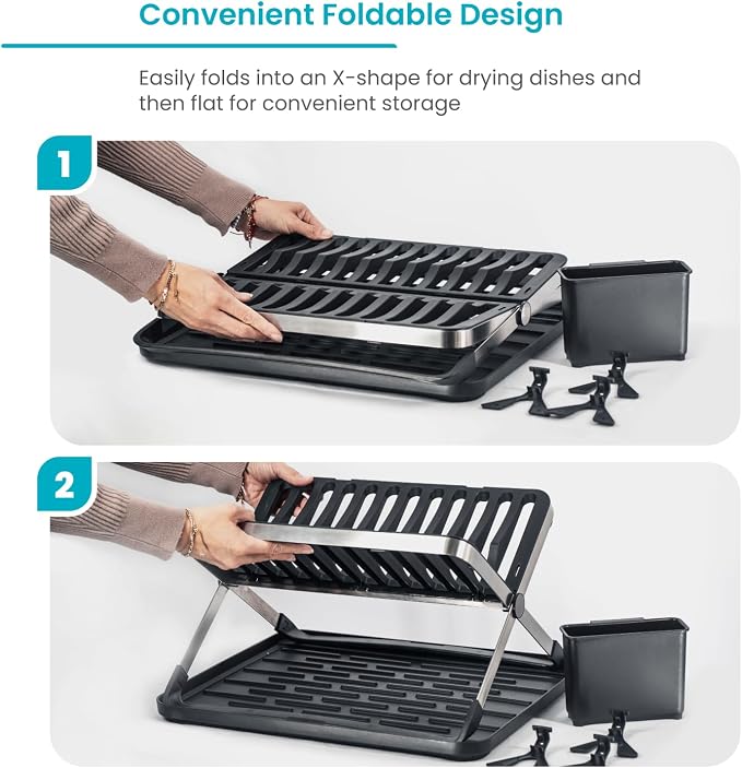 Home Zone Living Dish Drying Rack for Kitchen Counter | X-Shape Foldable Design with Drip Tray and Holder for Utensils and Wine Glasses - Image 2