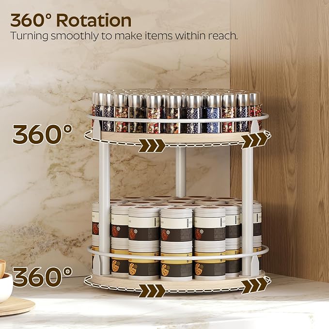 Lazy Susan Organizer, Rotating Spice Rack, 2 Tier Spice Turntable Organizer, Industrial Turntable Spice Holder, for Kitchen Countertop, Compact and Versatile, White and Light Oak SR22WG - Image 3