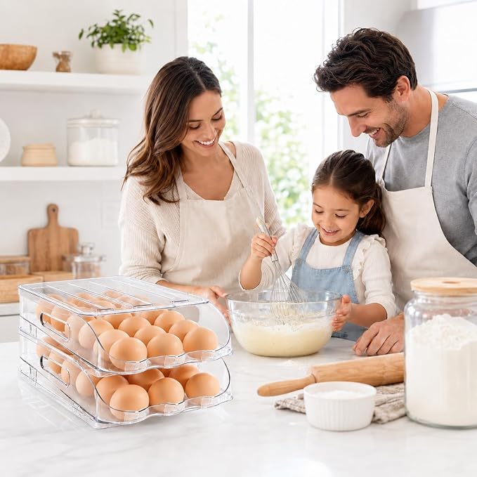 SMRCAD 54-Egg Dispenser with Silicone Bumpers, Auto-Rolling, Stackable | BPA-free food-grade PET | Stackable with lid | Built-in handle | 11.92"L x 8.85"W x 7.9"H | Hand wash only - Image 6