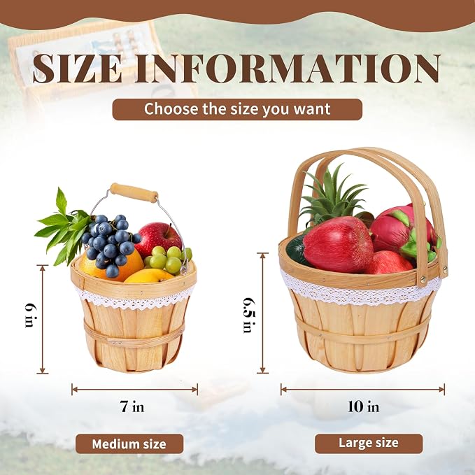 Wooden Baskets 10" x 6.5", 10 Pack Natural Apple Harvest Baskets | Round Handled Baskets Hold Produce, Flowers, Easter Eggs Or Favors for Farms, Markets, Weddings, Parties and Decor - Image 2