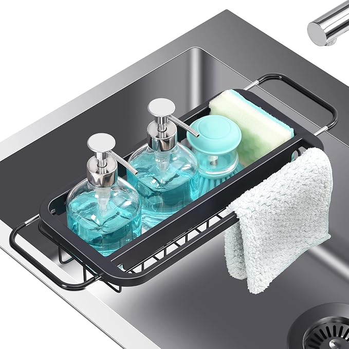 TOOLF Expandable Sink Caddy with Dish Towel Bar, Adjustable Over-The-Sink Organizer for Kitchen, Rustproof Sponge Holder and Drying Rack by TOOLF