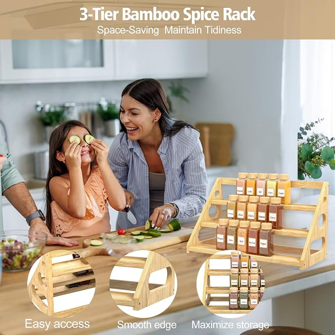 Premium Spice Rack - 3 Tier Bamboo Spice Rack Organizer - Spice Organization for Kitchen Cabinet/Countertop - Image 4