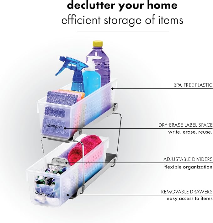 madesmart Mini 2-Tier Organizer, Multi-Purpose Slide-Out Storage with Handles and Dividers for Home and Bath, Frost | pull out bins, adjustable dividers, tiered access, cleaning supplies, under sink use, pantry bottles, woman owned - Image 5