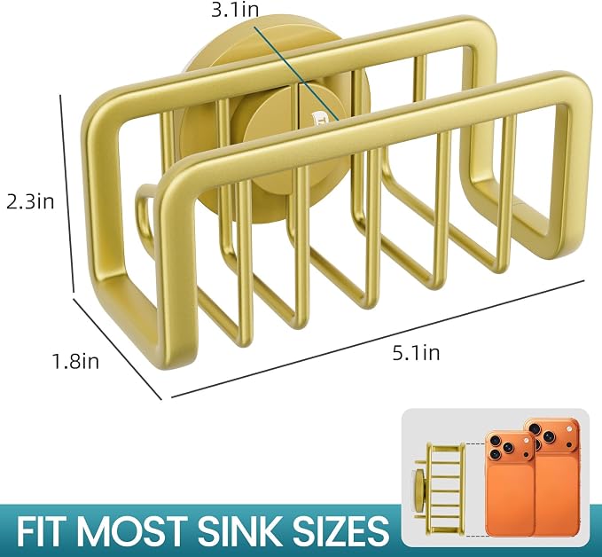 TAILI Gold Sponge Holder for Kitchen Sink with Strong Suction Cup | Removable Sink Caddy for Kitchen Sink Oganizer, Rustproof Aluminum Sink Sponge Holder for Scraper Brushes, Stoppers - Image 3