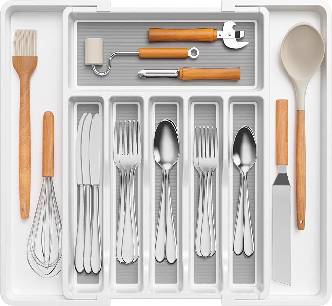 Lifewit Extra Large Silverware Drawer Organizer, Expandable Utensil Tray | BPA Free Flatware Cutlery Holder for Kitchen, Adjustable Plastic Storage for Spoons Forks Knives, 13-22.4 x 16.7, White Gray by Lifewit