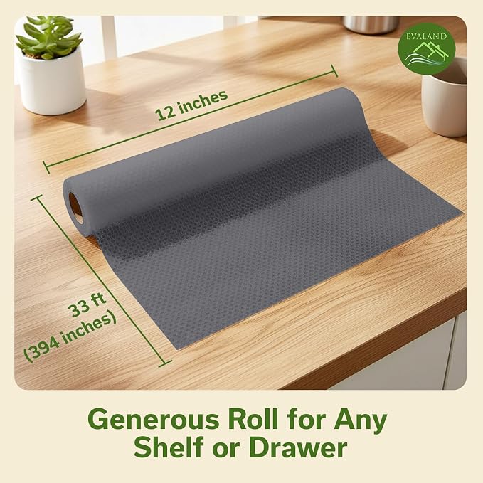 EVALAND Shelf Liner Cabinet Liner Non-Adhesive Drawer Liner 12 in x 33 FT | Non-Slip, Washable, Waterproof, Fridge Liners, Contact Paper, Shelf Liners for Cabinets, Kitchen, Refrigerator, Gray - Image 4