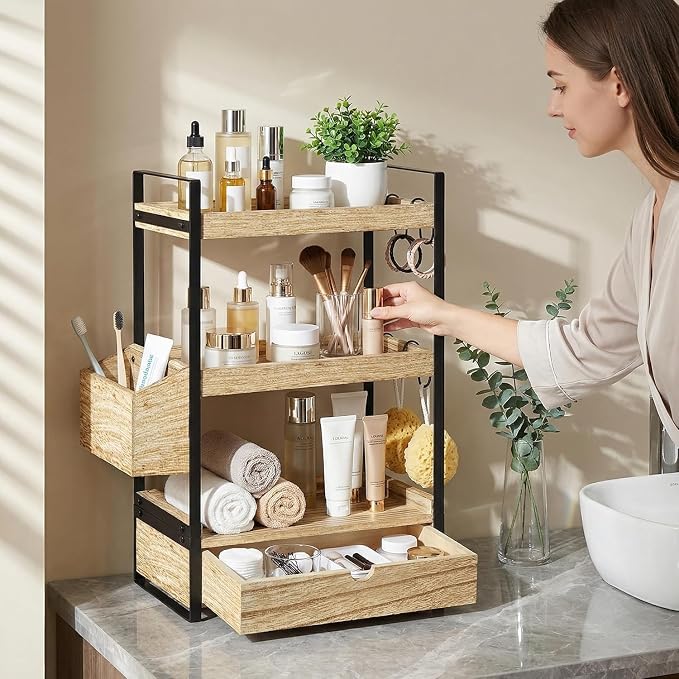 3-Tier Bathroom Counter Organizer with Drawer Basket and Hooks, Wood Bathroom Organizers and Storage for Countertop, Farmhouse Brown Countertop Organizer, Counter Shelf for Vanity, Kitchen,Office - Image 2