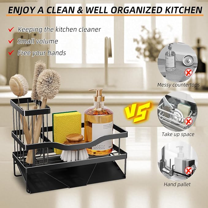 Sponge Holder for Kitchen Sink, Mecyfaty Sink Caddy with Self Drain Tray, Kitchen Sink Organizer, Stainless Steel Countertop Sink Sponge Holder for Dish Soap Kitchen Organizers and Storage Accessories - Image 5