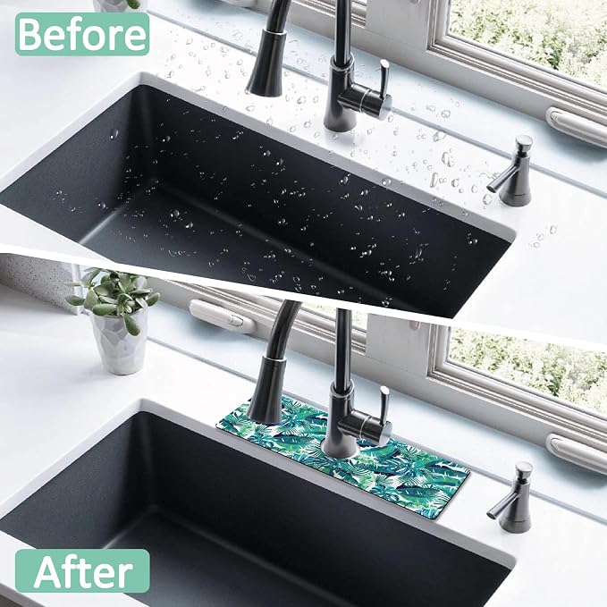 Kitchen Sink Splash Guard Faucet Mat 24" X 5.5" Tropical Leavesl Absorbent Fast Drying Mat Faucet Draining Mat Sink Splash Guard Behind Faucet Drip Catcher for Kitchen Bathroom - Image 7
