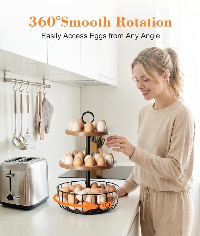 3-Tier 360° Rotating Egg Holder with Basket, Holds 64+ Eggs | Rustic farmhouse egg rack, 3-tier 360° rotating; ventilated wooden trays, metal basket. Holds 24+40 eggs. - Image 2