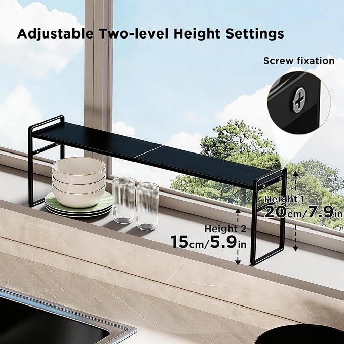 Expandable Narrow Shelf Organizer with 2-Level Adjustable Height | Black, Tall Countertop Organizer for Tight Spaces, Windowsill Plant Stand, Over-Sink/Faucet Shelf, Kitchen Counter Storage - Image 5
