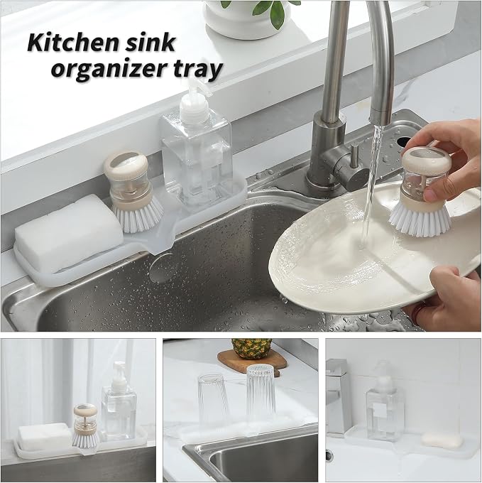 MicoYang Silicone Soap Dish with Drain Spout — Self-Draining Double Sink Organizer Tray for Kitchen & Bath, Dispensers, Sponges & Soap Holder, Non-Slip & Dishwasher Safe, Translucent (Large, 12"×4") - Image 4