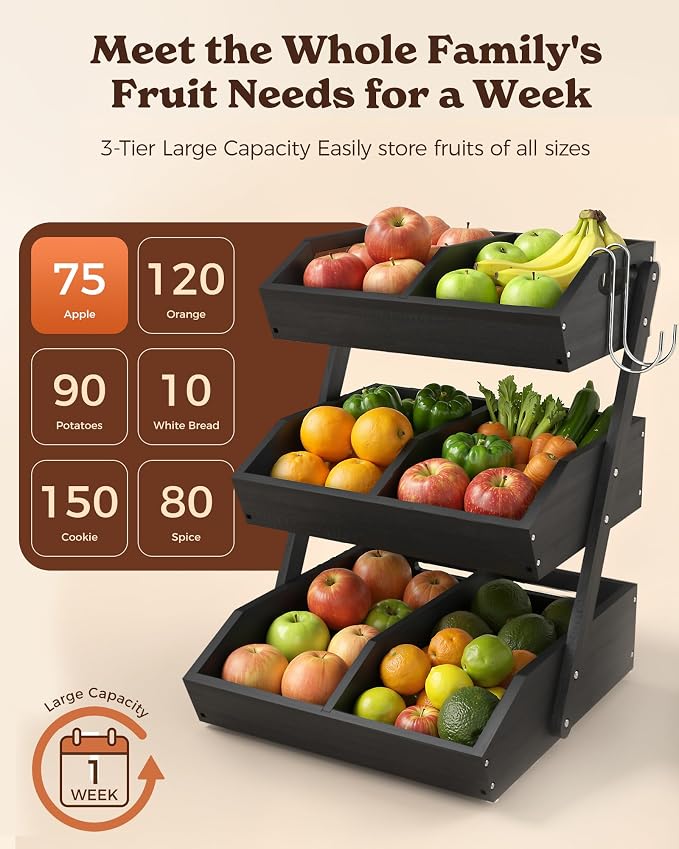 3-Tier Bamboo Fruit Basket with 2 Banana Holders Black | Large tiered organizer for bread, snacks, veggies. Sturdy bamboo, includes mats & dividers. Easy to assemble. - Image 3
