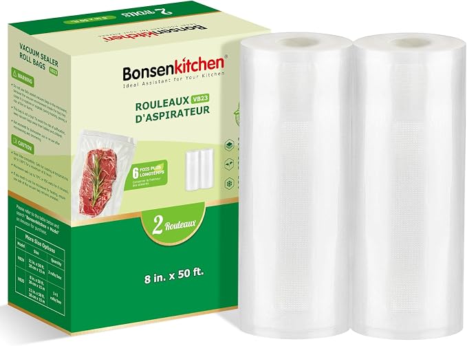 Bonsenkitchen Vacuum Sealer Bags Rolls, 2 pack 8 in x 50 ft Rolls | Commercial Grade, Heavy Duty, Durable Food Sealer Bags, Seal a Meal, Food Storage & Sous Vide Cooking, BPA Free, VB23 by Bonsenkitchen