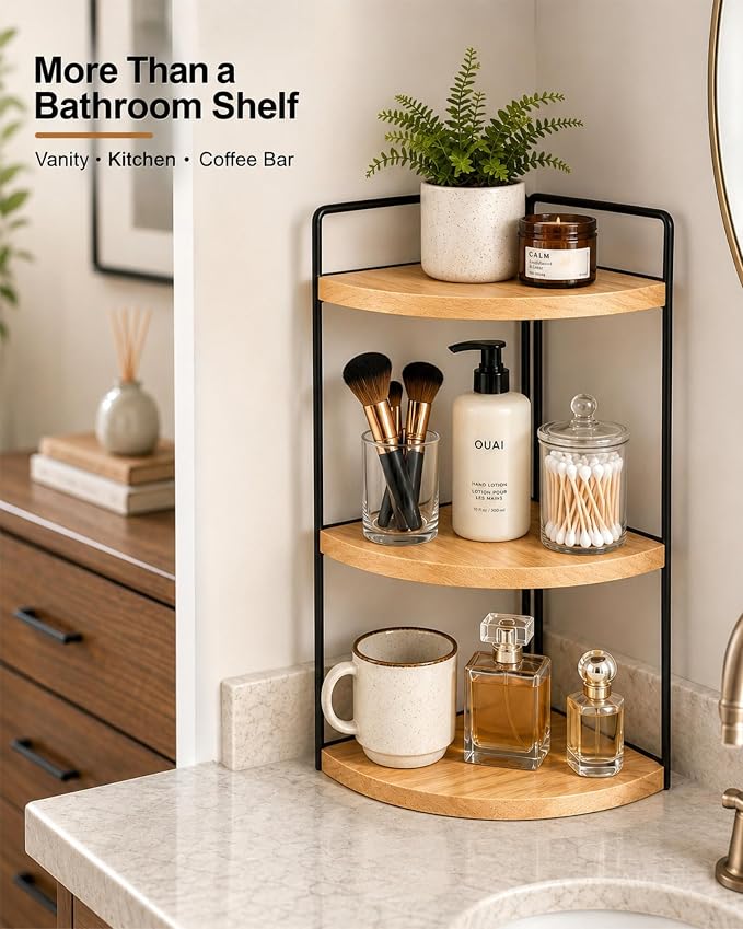 3-Tier Corner Bathroom Countertop Organizer, Solid Pine Wood Vanity Shelf | Natural wood solid pine shelves with 6.3 in clearance for tall bottles, skincare, perfume, and daily essentials. - Image 6