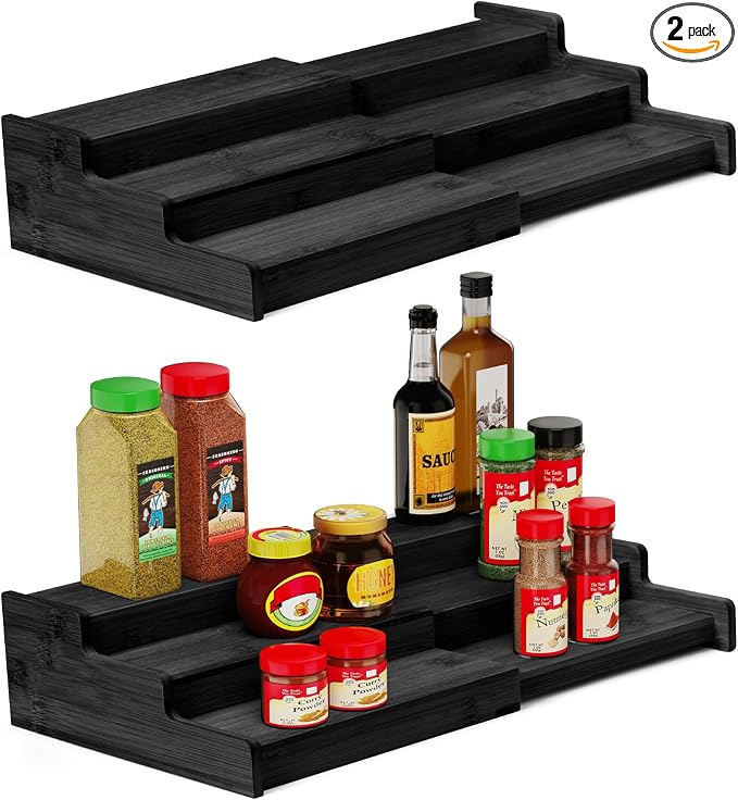 Spice Rack 3-Tier Natural Bamboo, Adjustable Cabinet Organizer Shelf | Expands 8.7-15.6"cabinets. Stepped design, labels visible.Storage organizer saves space, easy wipe. For spices, jars,cans. by VenDotbi