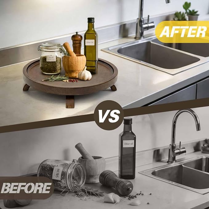 10" Solid Wood Lazy Susan Turntable Organizer for Cabinet, Pantry, Kitchen Countertop - Farmhouse Style with Raised Feet & Water-Resistant Coating, Rustic Bathroom Vanity Tray and Dining Table Decor - Image 4
