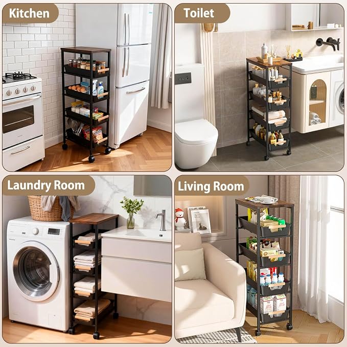 Slim Storage Cart with Wheels Pull-Out 5-Tier Rolling Storage Cart | narrow white 9.45in Wide, Mesh Baskets with Raised Edge, Wood-Grain Top, 360° Lockable Casters, Easy Assembly - Image 7