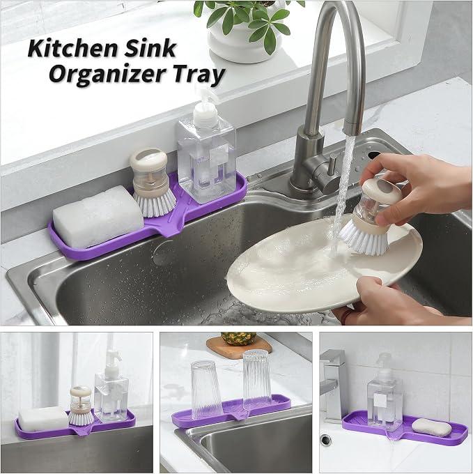 MicoYang Silicone Soap Dish with Drain Spout — Self-Draining Double Sink Organizer Tray for Kitchen & Bathroom, Dispensers, Sponges & Soap Holder, Non-Slip & Dishwasher Safe, Purple (Large, 12"×4") - Image 5