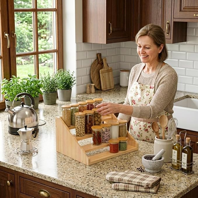 Solid Wood Spice Rack Organizer for Countertop & Cabinet, 4 Tier Adjustable Wooden Spice Shelf with Sliding Track, Premium Step Seasoning Bottle Holder for Kitchen, Pantry, Office, Natural Wood Color - Image 3