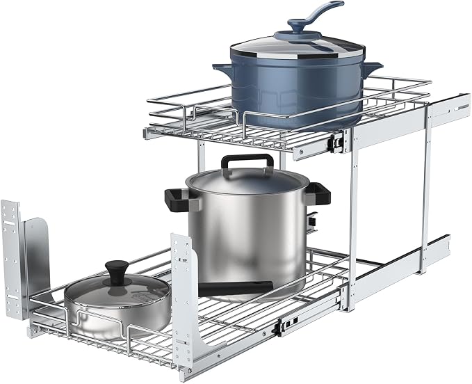2 Tier Pull Out Cabinet Organizer, 17" W x 21" D Heavy-Duty Metal Sliding Drawer Shelf for Kitchen Cabinets, Chrome, Doesn't Include Door Fittings - Image 5