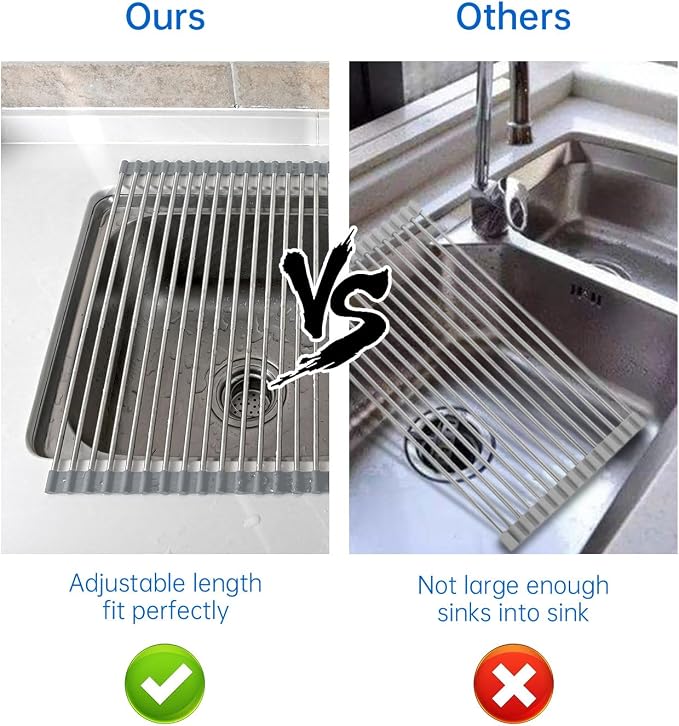Expandable Roll Up Dish Drying Rack Over The Sink Rack, Large Dish Drainer Rack for Stainless Steel Sinks, Non-Slip Silicone Collapsible Rack 18 Tube for Kitchen, Sliver Gray - Image 7