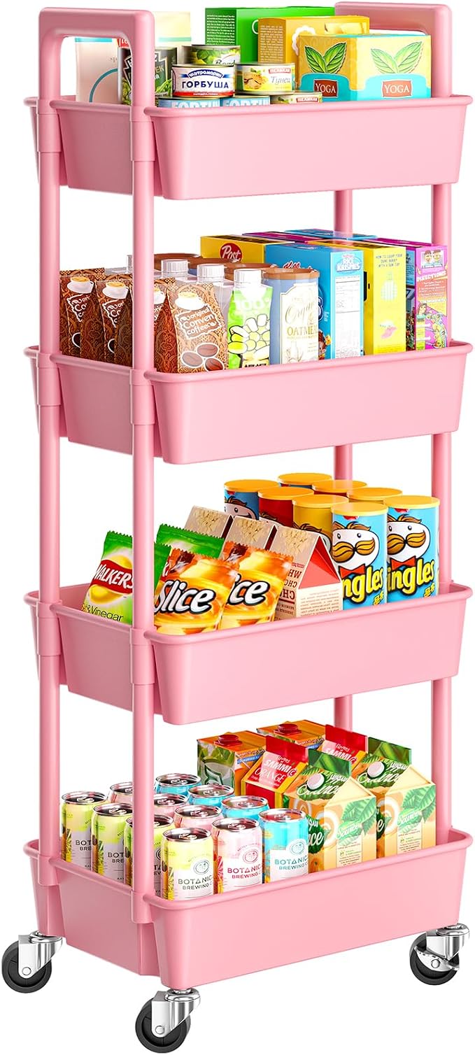Pipishell 4 Tier Rolling Cart Organizer, Plastic Rolling Cart with Lockable Wheels & Reinforced Handle, Lightweight Utility Storage Cart for Nursery, Kitchen, Craft Room, Pink by Pipishell