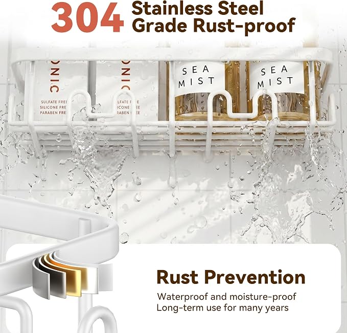 Shower Caddy Adhesive, Rustproof Shower Organizer, Wall Shower Rack | Large Capacity Shower Shelves for Inside Shower, Shampoo Shower Holder, White, 2 Caddies, 2 Soap Dishes, 1 Toothbrush Holder - Image 5