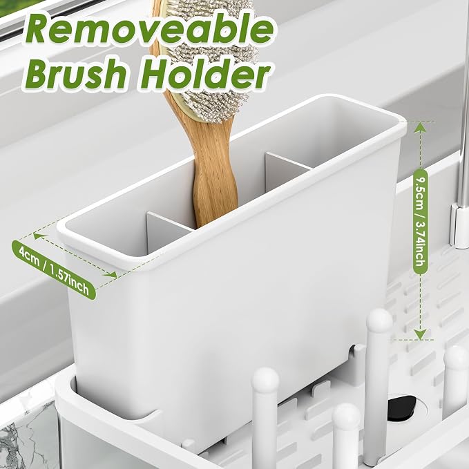 Ewaiira Stainless Steel Sink Caddy, Sponge Holder for Kitchen Sink 9.8″ | with Brush Holder & Dishcloth Rack, Rustproof Organizer Countertop, Soap Kitchen Organizers Storage Essentials, White - Image 8